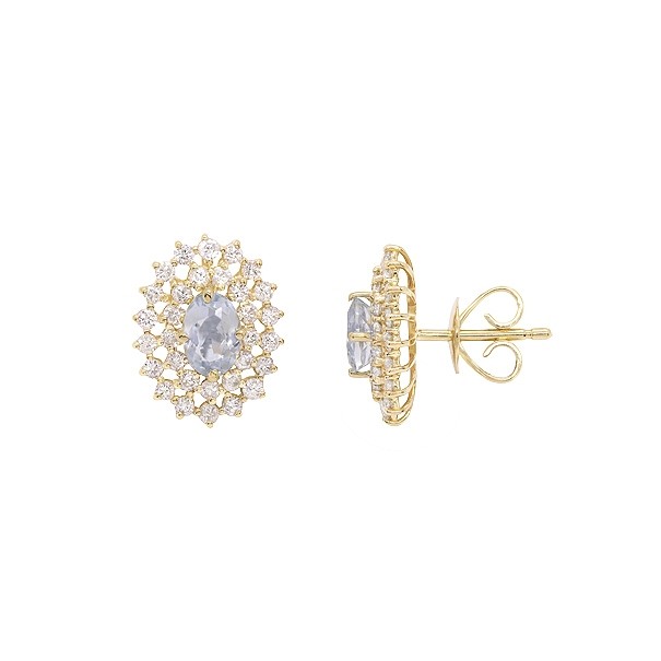 Brinco em Ouro 18k Chuveiro Oval com 2 Água Marinhas 6x4mm 0.88cts com 62 Diamantes 0.89cts
