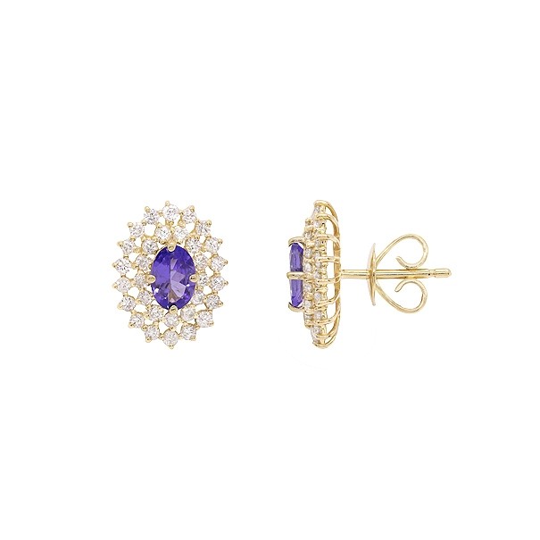 Brinco em Ouro 18k Chuveiro Oval Com 2 Tanzanitas  6x4mm 0.98cts com 62 Diamantes 0.89cts