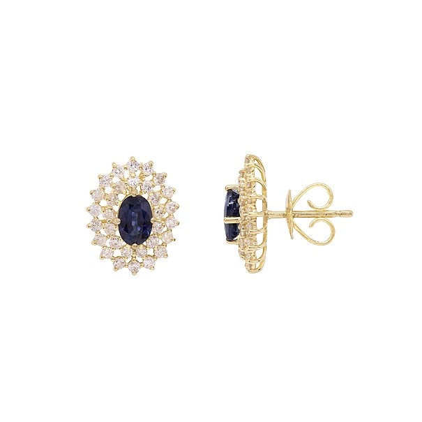 Brinco em Ouro 18k Chuveiro Oval com 2 Safiras 6x4mm 1.32cts com 62 Diamantes 0.89cts