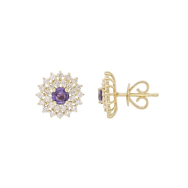 Brinco em Ouro 18k Chuveiro Redondo com 2 Safiras Roxas 4mm 0.66cts com 56 Diamantes 0.83cts