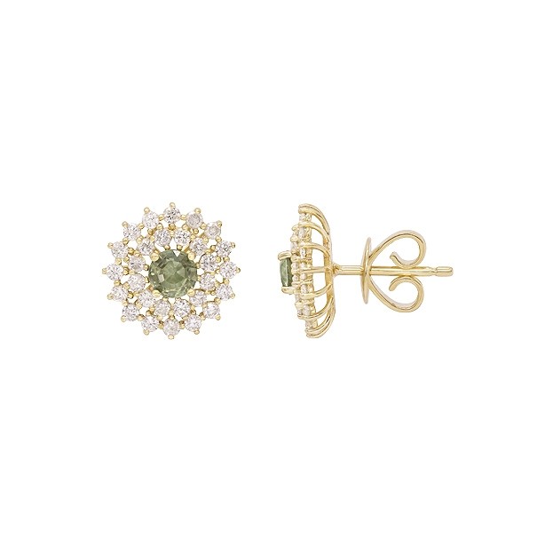 Brinco em Ouro 18k Chuveiro Redondo Com 2 Safiras Verdes 4mm 0.80cts Com 56 Diamantes 0.83cts