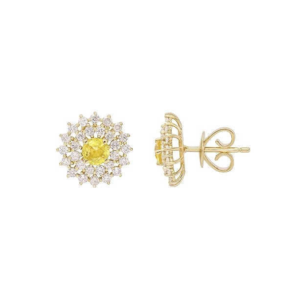 Brinco Em Ouro 18k Chuveiro Redondo Com 2 Safiras Amarelas 4mm 0.70cts Com 56 Diamantes  0.83cts
