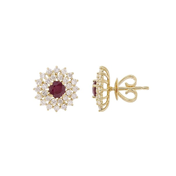 Brinco em Ouro 18k Chuveiro Redondo Com 2 Rubis 4mm 0.64cts Com 56 Diamantes 0.83cts