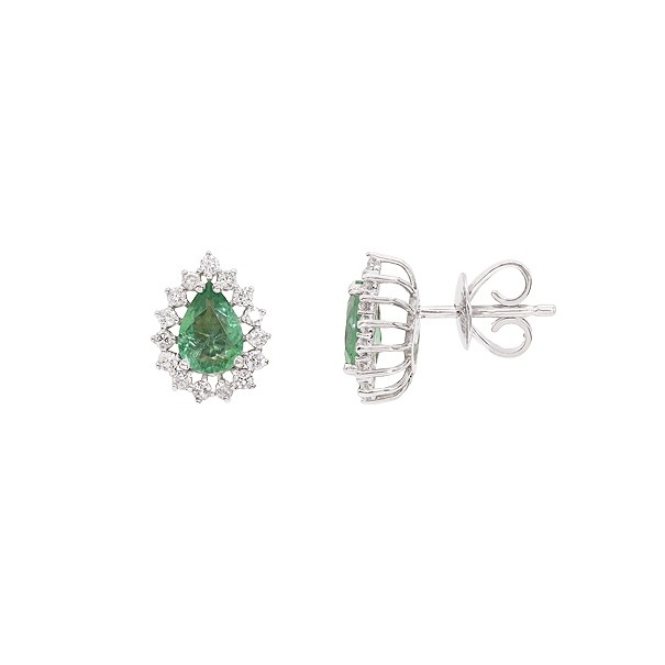 Brinco em Ouro 18k Branco Gota com 2 Esmeraldas 7x5mm 0.98cts com 30 Diamantes 0.42cts