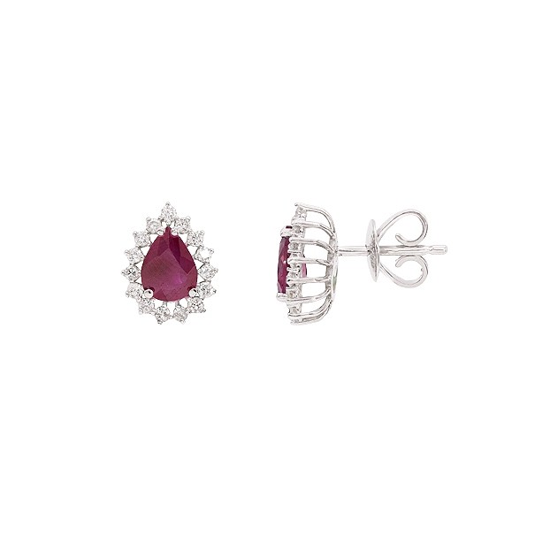 Brinco em Ouro 18k Branco Gota Com 2 Rubis 7x5mm 1.72cts com 30 Diamantes 0.42cts