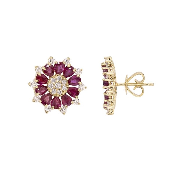 Brinco em Ouro 18k Flor Com 36 Diamantes 0.87cts Com 20 Rubis 4x3mm 4.40cts