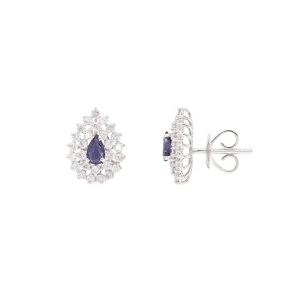 Brinco em Ouro 18k Branco Gota com 2 Safiras 5x3mm 0.52cts com 53 Diamantes 0.84cts