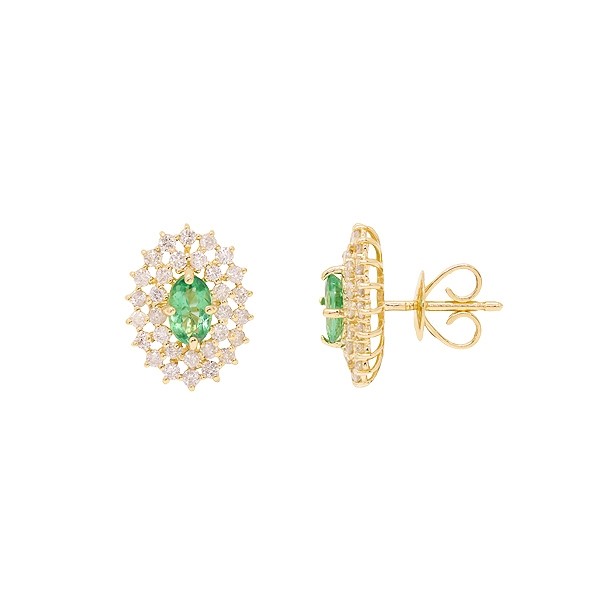 Brinco em Ouro 18k Chuveiro Oval com 2 Esmeraldas 6x4mm 0.80cts com 62 Diamantes 0.90cts