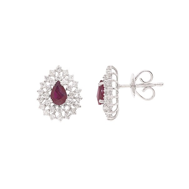 Brinco em Ouro 18k Branco Gota Com 2 Rubis 6x4mm 0.88cts Com 60 Diamantes 0.85cts