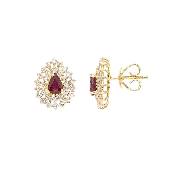 Brinco em Ouro 18k Gota com 2 Rubis 6x4mm 0.70cts com 60 Diamantes 0.85cts