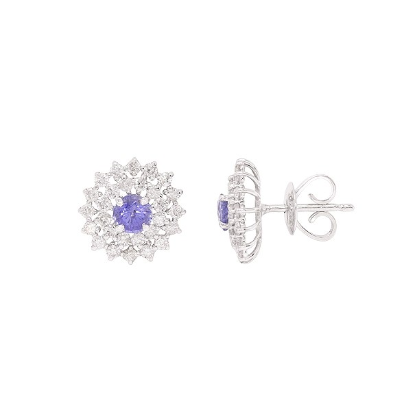 Brinco em Ouro 18k Branco Chuveiro Redondo Com 2 Safiras 4mm 0.76cts Com 56 Diamantes  0.87cts