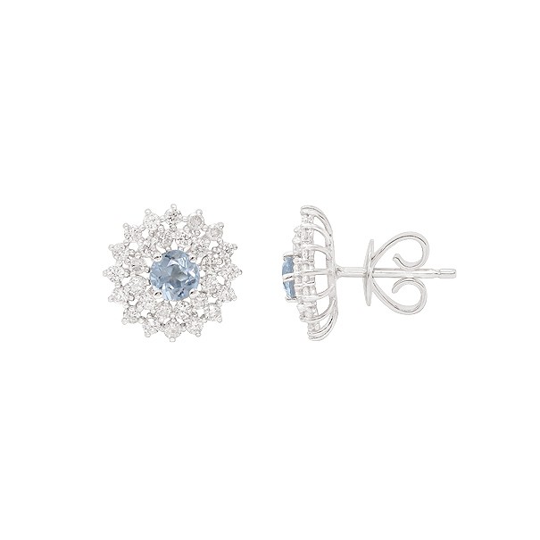 Brinco em Ouro 18k Branco Chuveiro Redondo Com 2 Água Marinhas 4mm 0.50cts Com 56 Diamantes  0.87cts