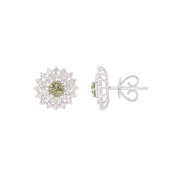 Brinco em Ouro 18k Branco Chuveiro Redondo com 2 Safiras Verdes 4mm 0.80cts com 56 Diamantes 0.87cts
