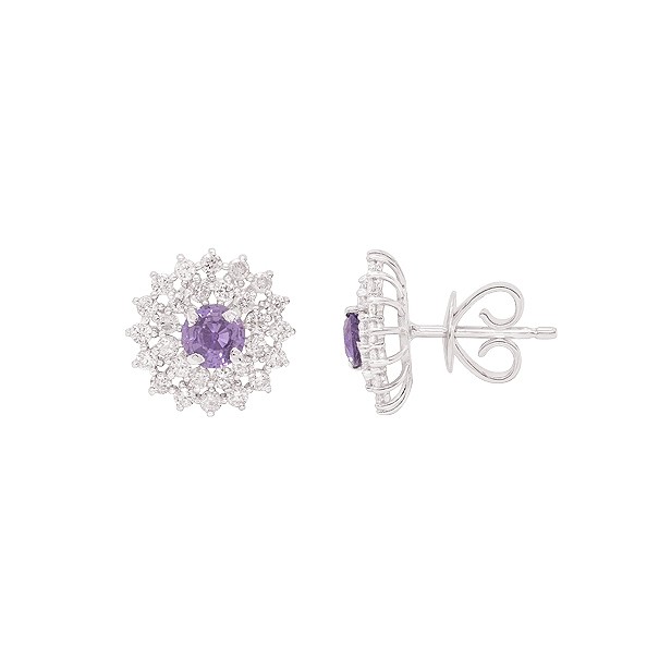Brinco em Ouro 18k Branco Chuveiro Redondo com 2 Safiras Roxas 4mm 0.66cts com 56 Diamantes 0.87cts