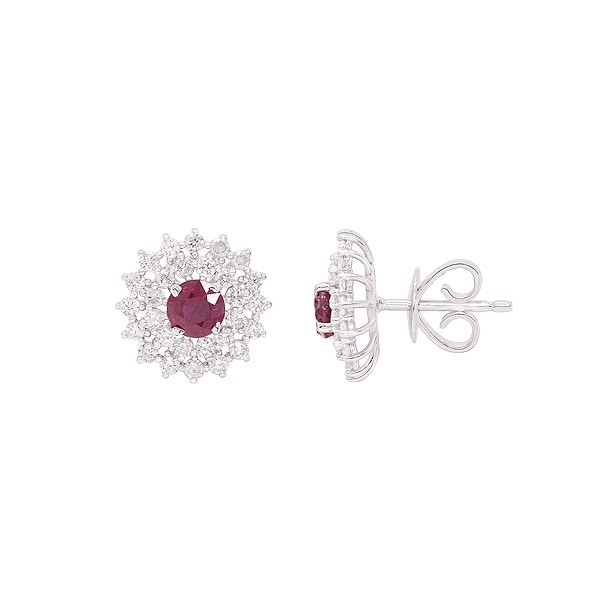Brinco em Ouro 18k Branco Chuveiro Redondo com 2 Rubis 4mm 0.64cts com 56 Diamantes 0.87cts