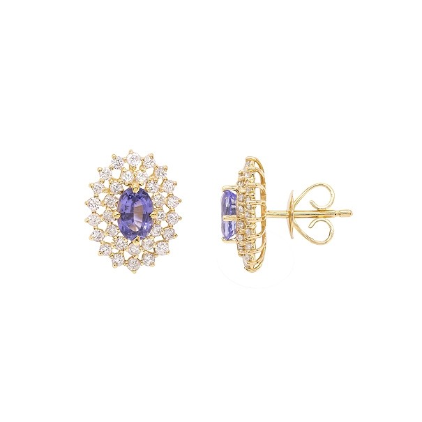 Brinco em Ouro 18k Chuveiro Oval com 2 Safiras 6x4mm 1.32cts com 62 Diamantes 0.89cts