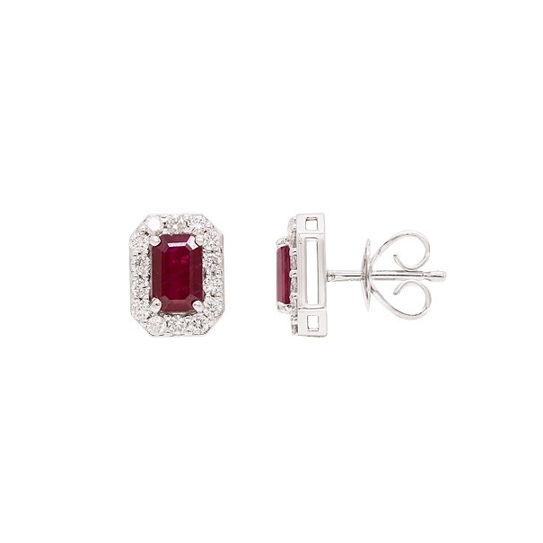 Brinco em Ouro 18k Branco Chuveiro Retangular Com 2 Rubi 6x4 1.30cts Com 28 Diamantes  0.43cts
