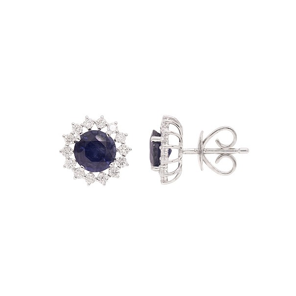 Brinco em Ouro 18k Branco Chuveiro Redondo com 2 Safiras 1.92cts com 28 Diamantes 0.43cts