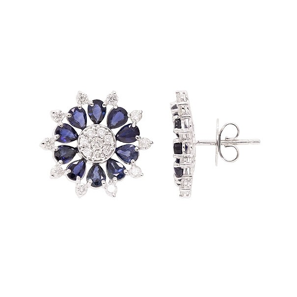 Brinco em Ouro 18k Branco Flor Com 36 Diamantes  0.87cts Com 20 Safiras 4x3mm 4.20cts