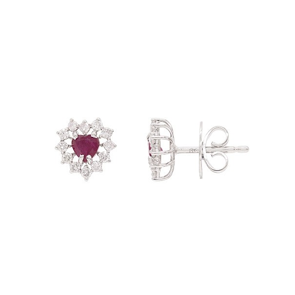 Brinco em Ouro 18k Branco Coração com 2 Rubis 4.50mm 0.62cts com 20 Diamantes 0.31cts