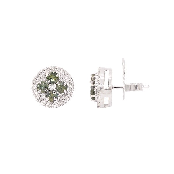 Brinco em Ouro 18k Branco Redondo com 8 Safira Verde 3mm 1.12cts com 48 Diamantes 0.71cts
