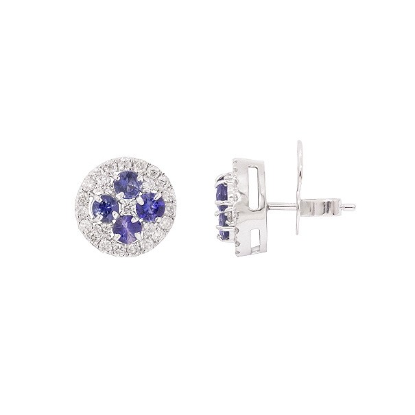 Brinco em Ouro 18k Branco Redondo com 8 Safiras 3mm 1.19cts com 48 Diamantes 0.71cts