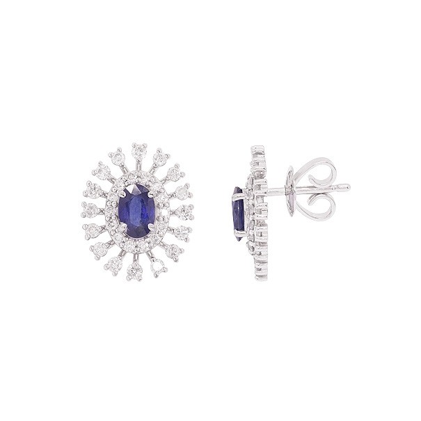 Brinco em Ouro 18k Branco Chuveiro Oval Com 2 Safira Azuis 6x4mm 1.20cts Com 44 Diamantes  0.90cts