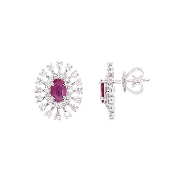 Brinco em Ouro 18k Branco Chuveiro Oval com 2 Rubis 6x4mm 0.92cts com 44 Diamantes 0.90cts