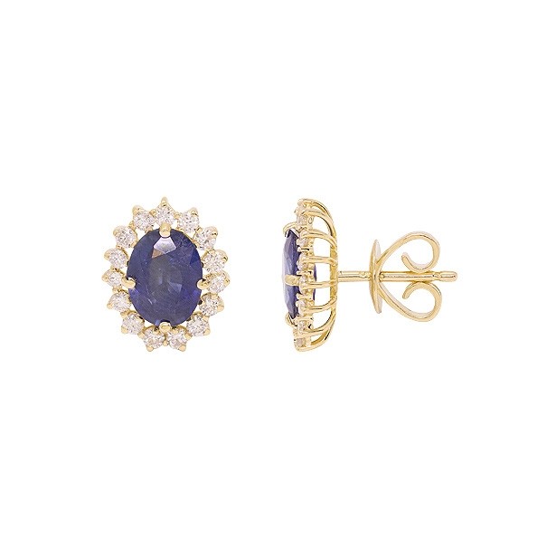 Brinco em Ouro 18k Chuveiro Oval com 2 Safiras 7x5mm 1.86cts com 30 Diamantes 0.46cts
