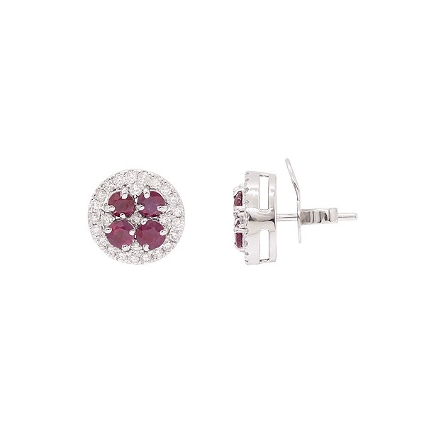 Brinco em Ouro 18k Branco Redondo com 8 Rubis 3.50mm 1.84cts com 52 Diamantes 0.80cts