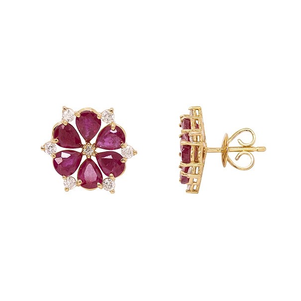 Brinco em Ouro 18k Flor com 12 Rubis 5x4mm 4.25cts com 14 Diamantes 0.40cts