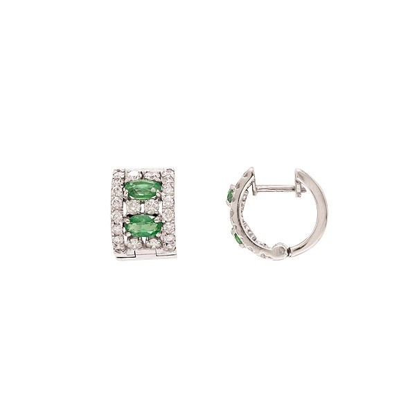Brinco em Ouro 18k Branco Argola Cravejada com 44 Brilhantes 0.85cts com 4 Esmeraldas 5x3mm 0.92cts