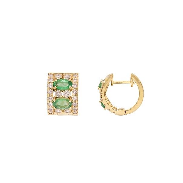 Brinco em Ouro 18k Argola Cravejada com 44brits 0.85cts com 4 Esmeraldas 5x3mm 0.92cts