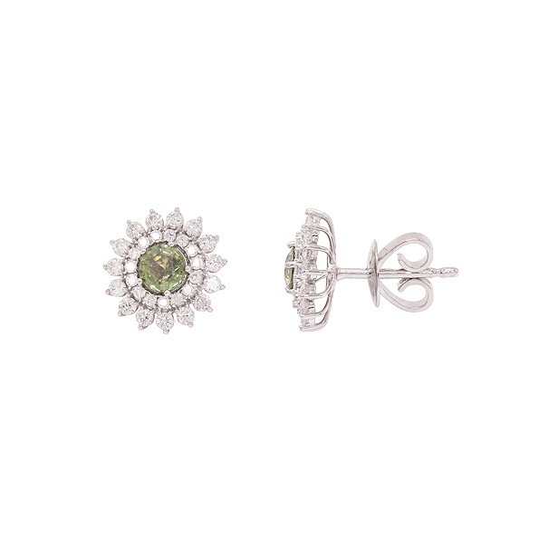 Brinco em Ouro Branco 18k Chuveiro com 2 Safiras Verdes 4mm 0.65Cts e 60 Diamantes 0.56Cts   