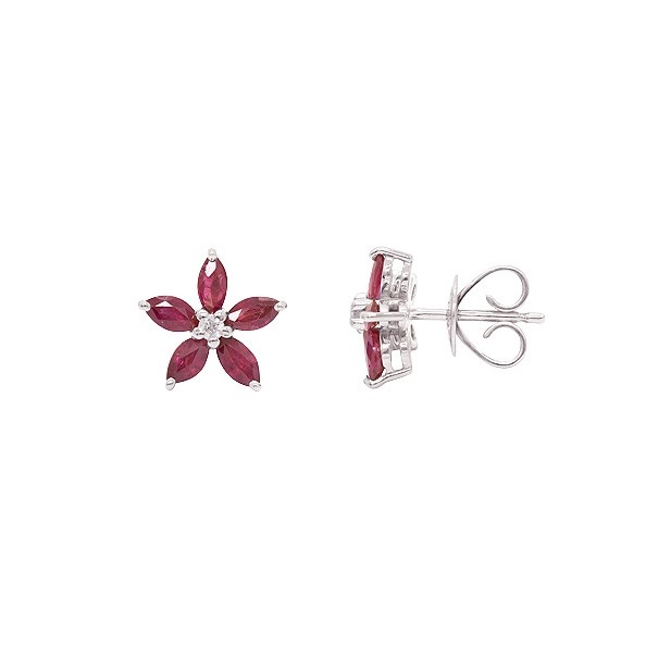 Brinco em Ouro 18k Branco Flor com 10 Rubis Navete 1.00cts com 2 Diamantes 0.04cts