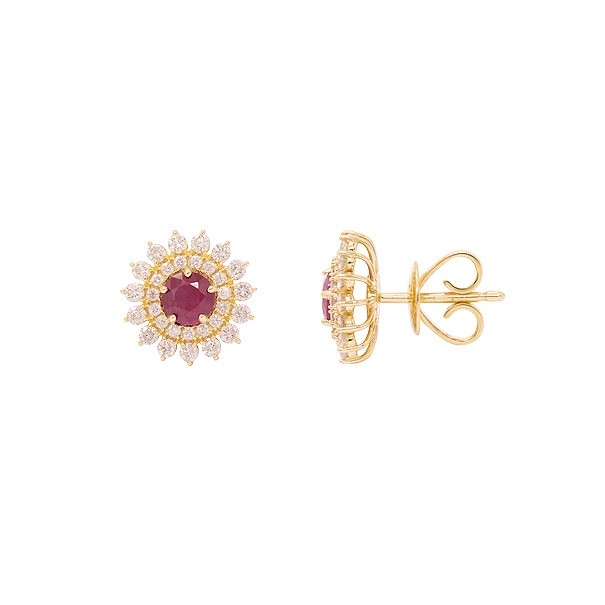 Brinco em Ouro 18k Chuveiro com 2 Rubis 4mm 0.65Cts e 60 Diamantes 0.56Cts  	