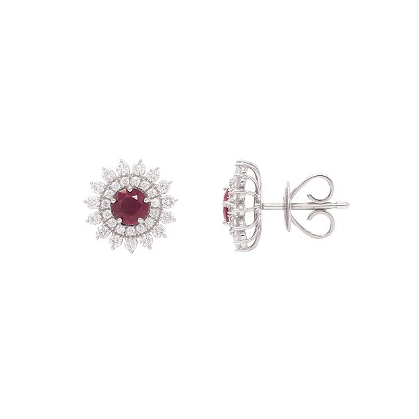 Brinco em Ouro Branco 18k Chuveiro com 2 Rubis 4mm 0.65Cts e 60 Diamantes 0.56Cts
