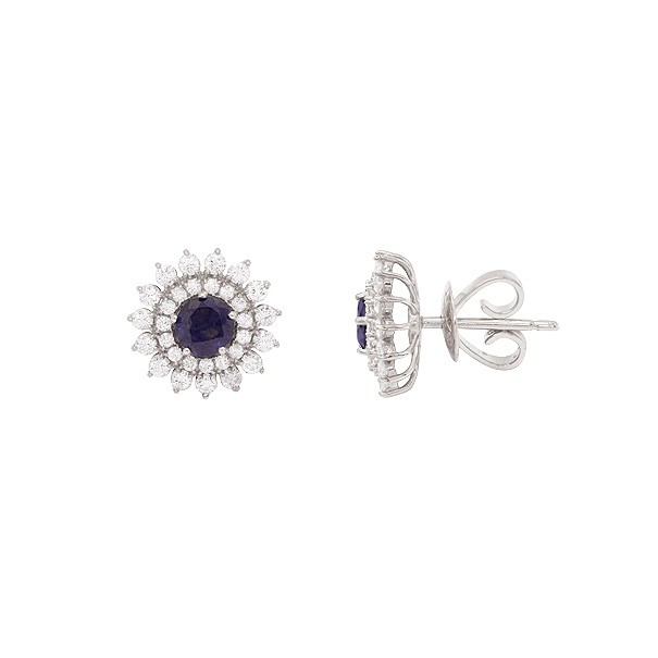 Brinco em Ouro Branco 18k Chuveiro com 2 Safiras 4mm 0.65Cts e 60 Diamantes 0.56Cts