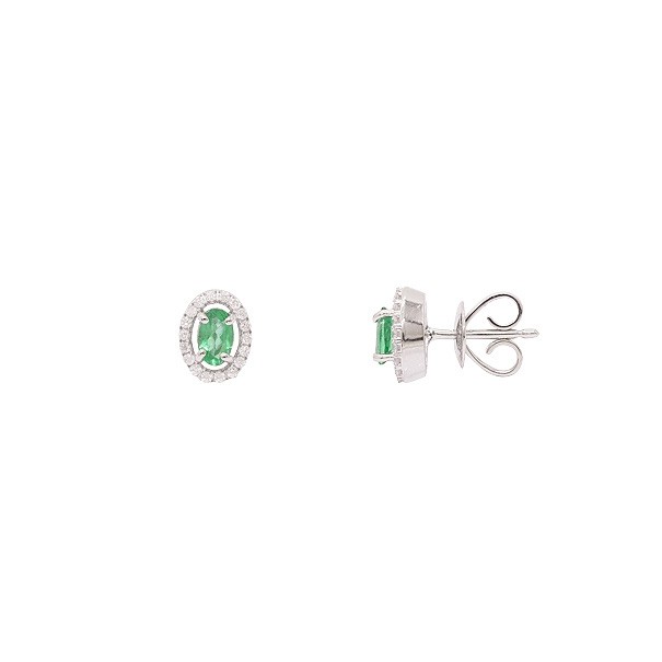 Brinco em Ouro 18k Branco Chuveiro Oval com 2 Esmeraldas 0.44cts com 36 Diamantes 0.16cts