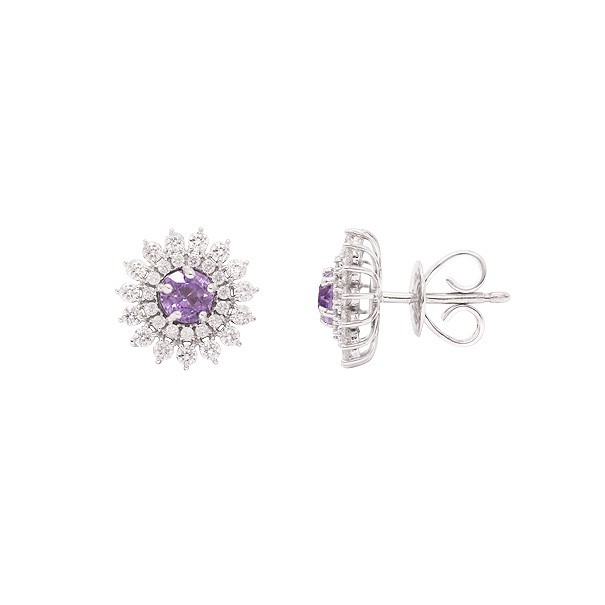 Brinco em Ouro Branco 18k Chuveiro com 2 Safiras Roxas 4mm 0.64Cts e 60 Diamantes 0.56Cts