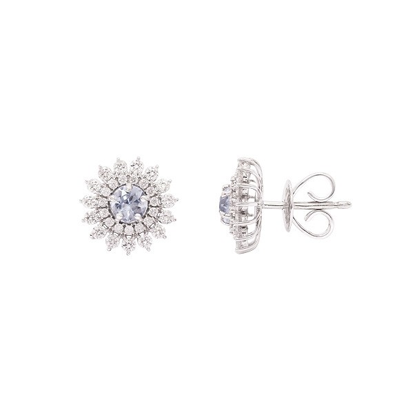Brinco em Ouro Branco 18k Chuveiro com 2 Agua Marinhas 4mm 0.45Cts e 60 Diamantes 0.58Cts