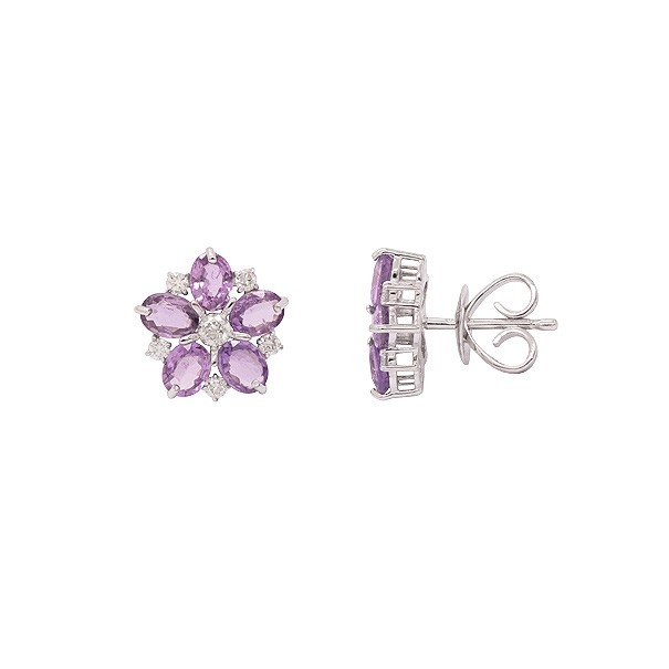 Brinco em Ouro 18k Branco Flor com 10 Safiras Roxas 4x3mm 1.77cts com 12 Diamantes 0.24cts