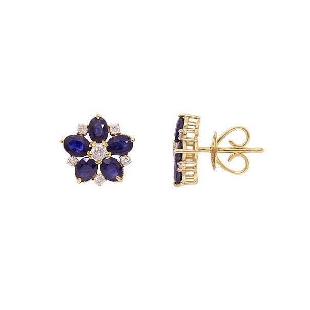 Brinco em Ouro 18k Flor com 10 Safiras 4x3mm 2.39Cts e 12 Diamantes 0.24Cts  