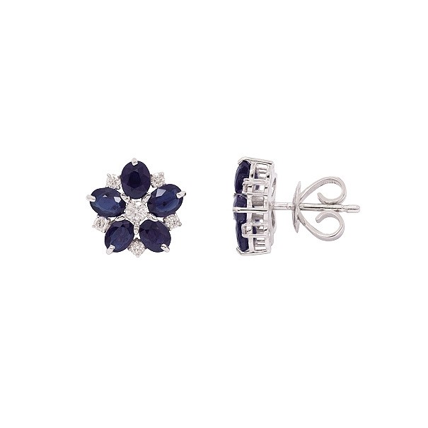 Brinco em Ouro Branco 18k Flor Com 10 Safiras 4x3mm 2.39Cts 12 Diamantes  0.24Cts
