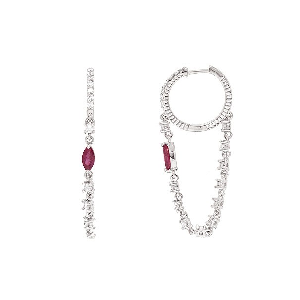 Brinco em Ouro 18k Branco Argola com Pingente Riviera com 36 Diamantes 1.20cts Com 2 Rubis 6x3mm 0.59cts