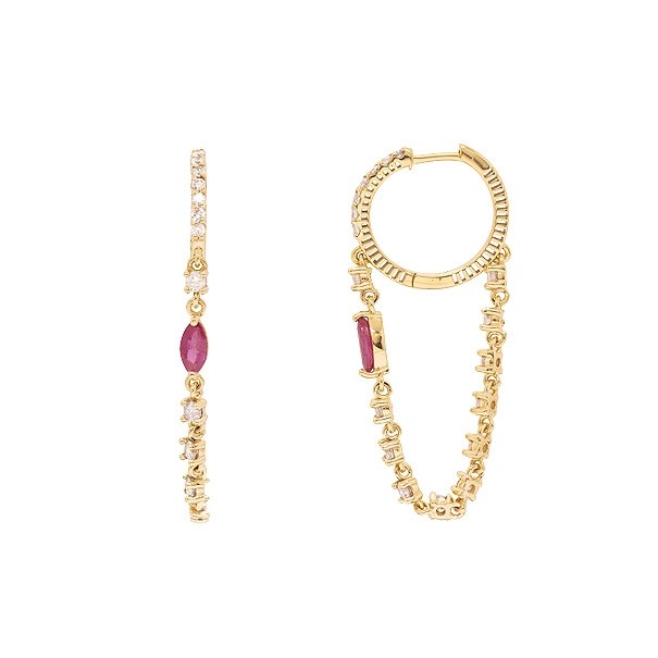 Brinco em Ouro 18k Argola com Pingente Riviera com 36 Diamantes 1.20cts com 2 Rubis 6x3mm 0.59cts