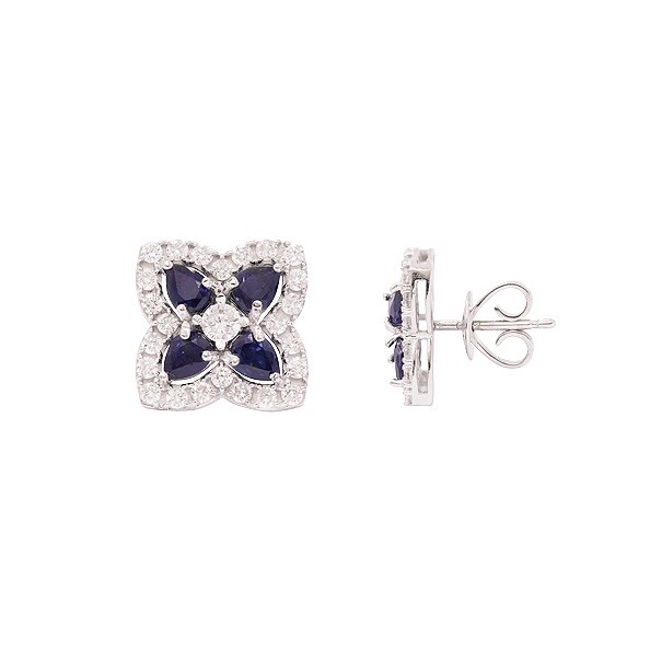 Brinco em Ouro Branco 18k Flor Com 8 Safiras Gotas 4x3mm 1.77Cts Cravejada com 50 Diamantes  0.69Cts