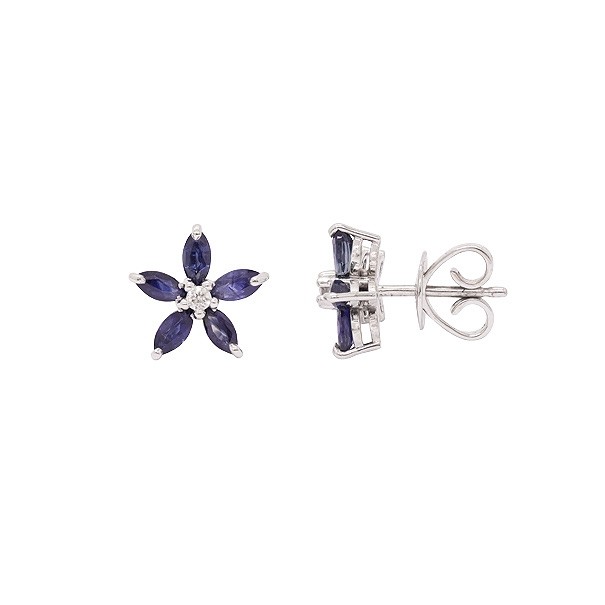Brinco em Ouro Branco 18k Flor Com 10 Safiras Navetes 1.04Cts com 2 Diamantes  0.04Cts 