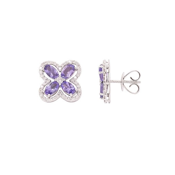 Brinco em Ouro Branco 18k Flor Com 8 Tanzanitas  5x3mm 1.78Cts Cravejada com 82 Diamantes  0.44Cts 