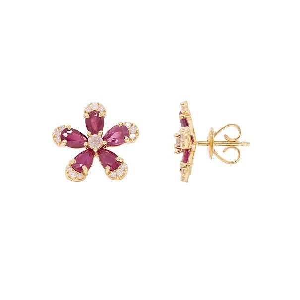 Brinco em Ouro 18k Flor com 10 Rubis Gotas 5x3mm 2.26Cts e 32 Diamantes 0.30Cts 